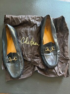 Cole Haan Black Leather Loafers with Gold Horsebit